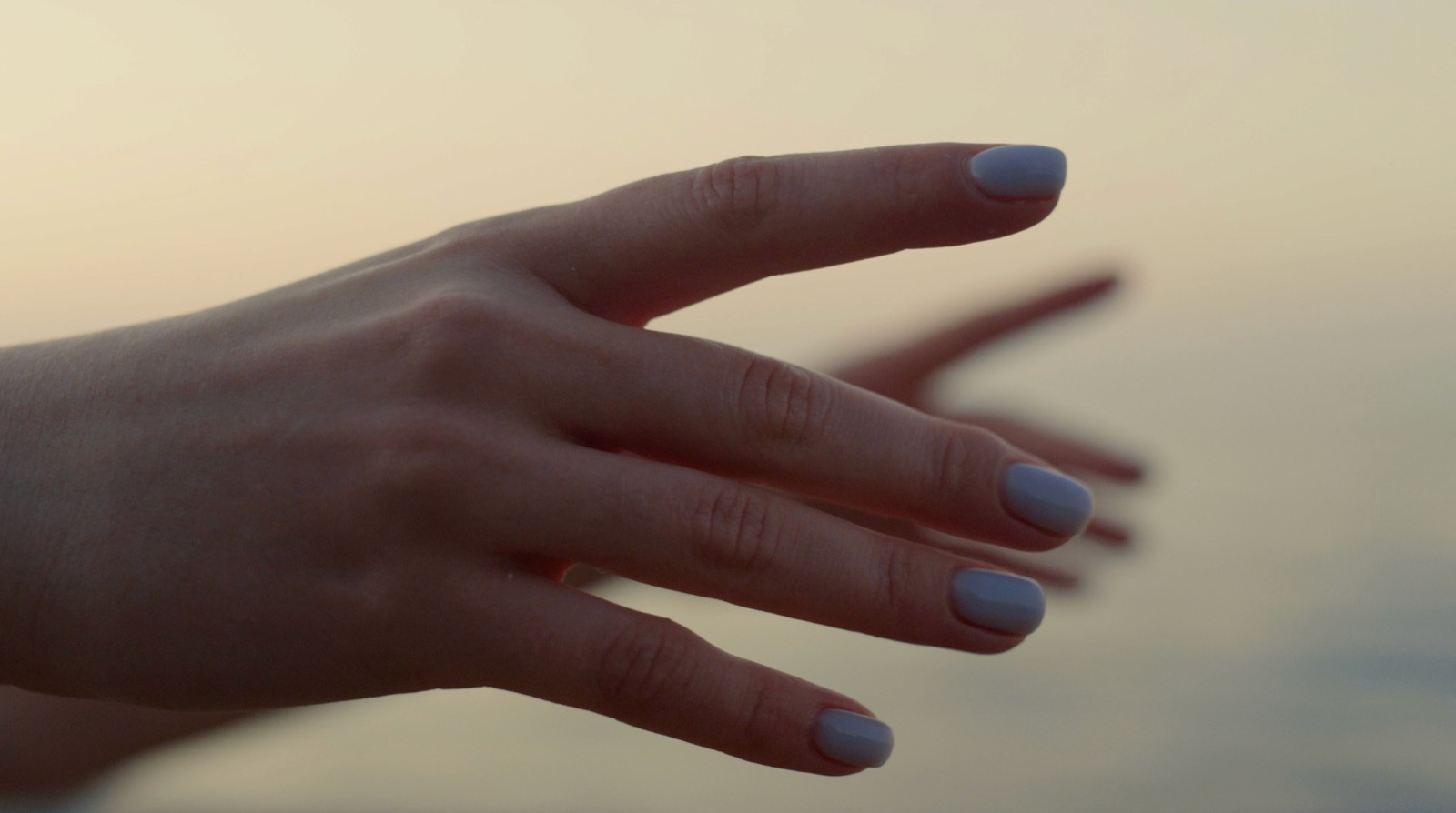 An open hand against a soft evening sky